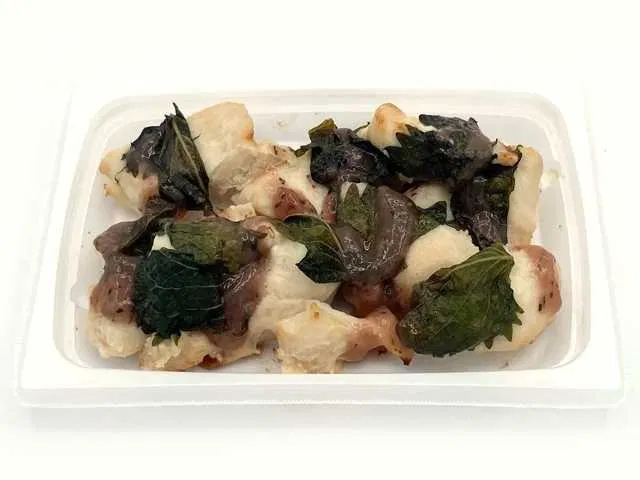 Grilled chicken breast skewers with perilla leaves and plum sauce