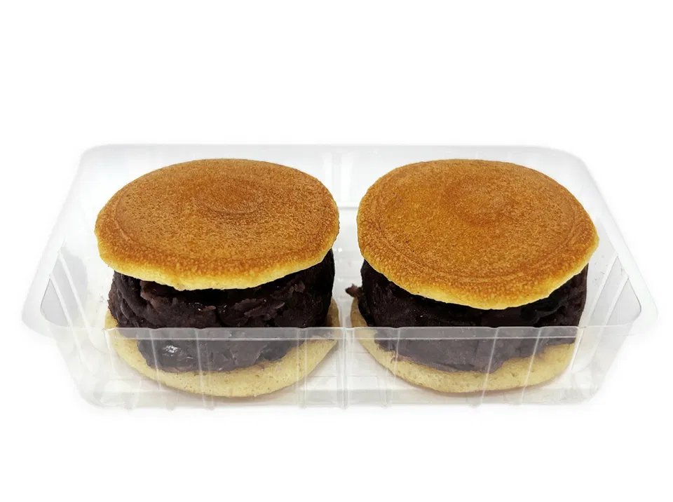 Two mini dorayaki with chunky red bean paste