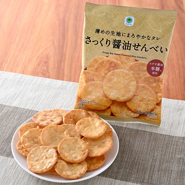 Crisp soy sauce senbei with thin, delicate dough and a mellow glaze