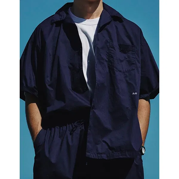 Oversized Camp-Collar Short-Sleeve Shirt Navy "A.H"